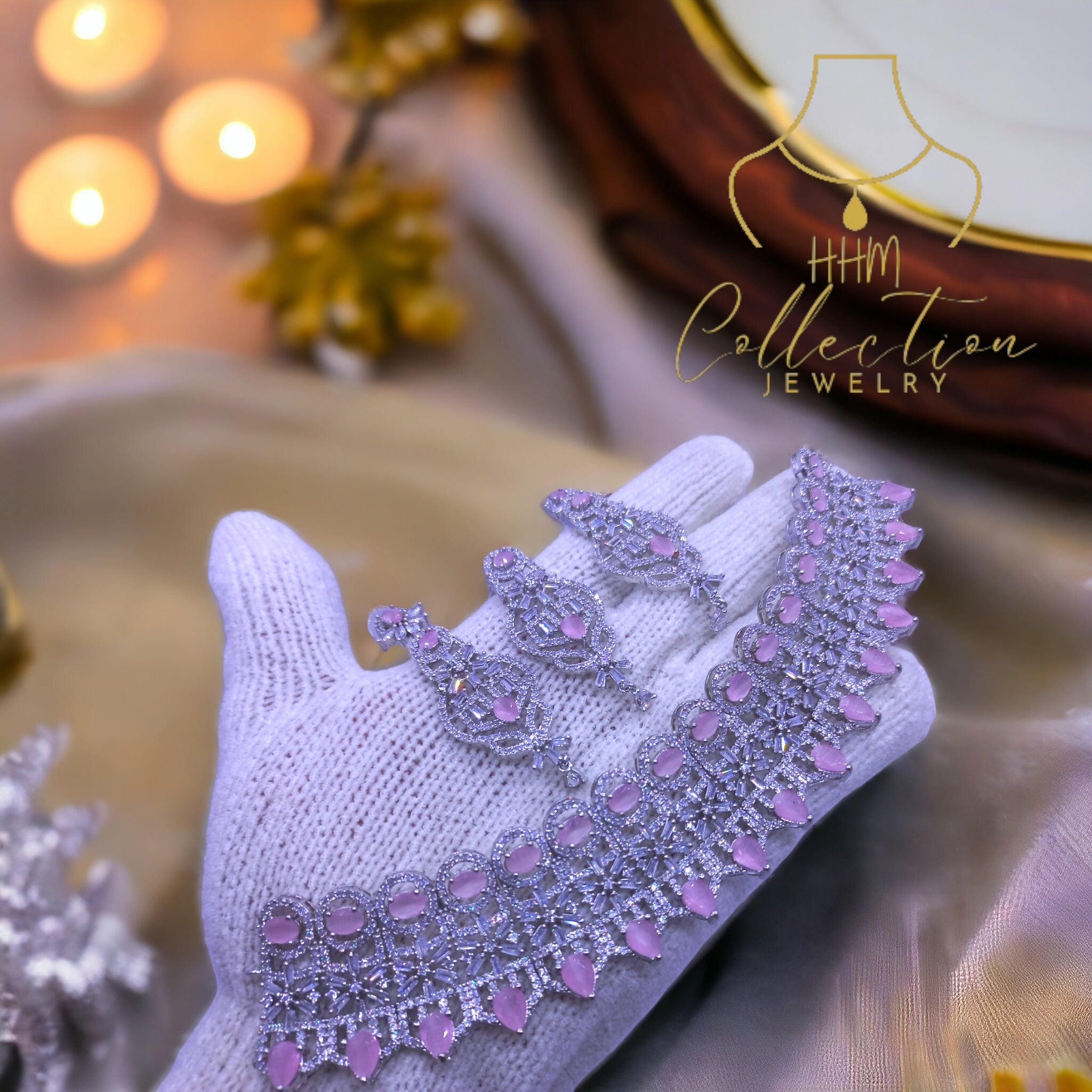 Silver mint pink bridal collar set