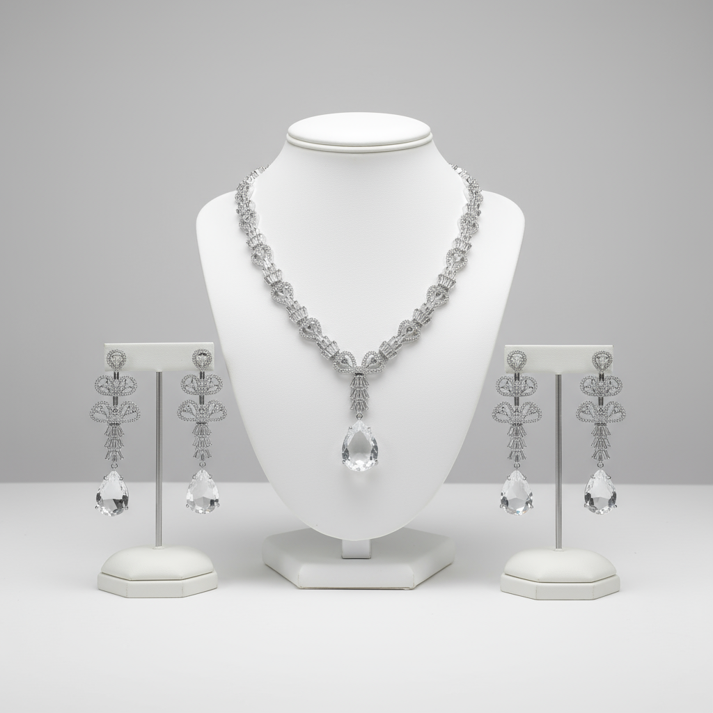 Crystal jewelry set on white mannequin