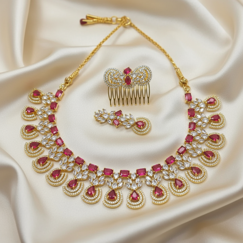 Ruby and gold jewelry set in elegant setting