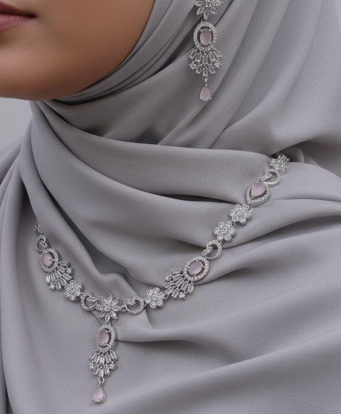 Silver Crystal Jewelry on Hijabi Model - No Face